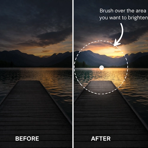 Brighten or Darken Image Online Free Tool demo showing the sunset part was lighten with a Dodge brush.
