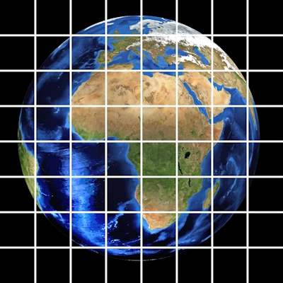 Planet Earth photo with orange grid overlay.